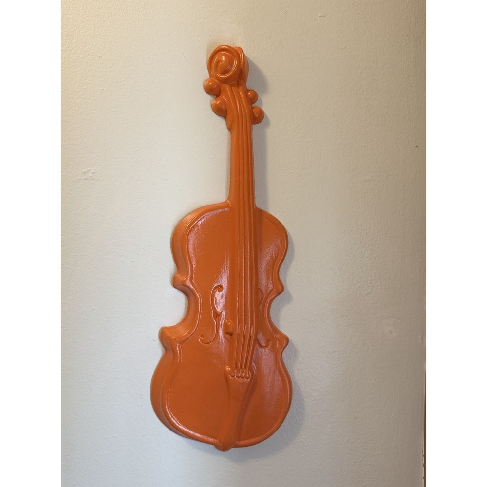 Vintage Royal Cast Metal Violin Wall Hanging Orange Mid Century Music Hippie Art